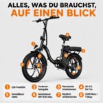 CHEEVALRY WITAMBIKE C16 E-Bike Klapprad 20 Zoll 250W 48V 16Ah Akku 100km Fatbike Schwarz – Bild 4