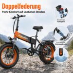 CHEEVALRY CF1000 Klapprad E-Bike 20" Fatbike, 48V 20Ah, 60 Nm, 7-Gang, Vollfederung, Schwarz-Orange – Bild 5